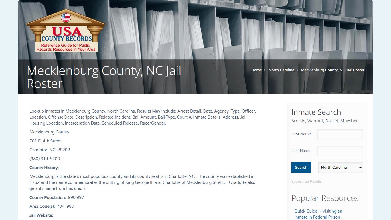 Mecklenburg County, NC Jail Roster | Name Search